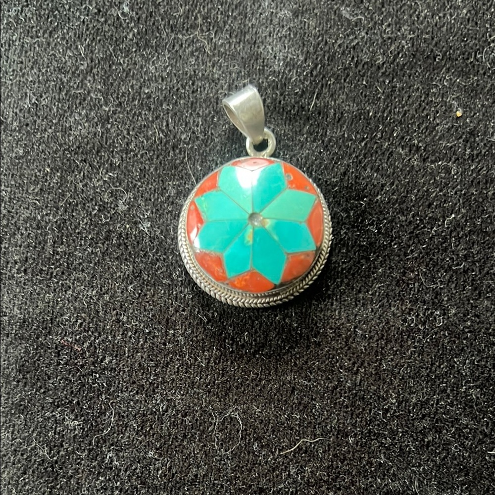 Turquoise and Coral geometric Pendant